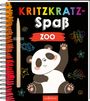 Text: "KRITZKRATZ-SPAß ZOO". Illustration: Ein lachender Panda, bunter Schmetterling, Fisch, Stern, Schildkröte auf schwarzem Hintergrund.