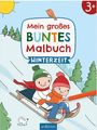 "Mein großes buntes Malbuch WINTERZEIT 3+". Zwei Kinder rodeln, Buntstift malt, Winterlandschaft mit Bäumen und Sonne.