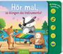 "Hör mal, so klingen die Instrumente!" Oben. "Babys erstes Soundbuch" auf grüner Leiste mit Tasten. Tiere musizieren am Wasser.