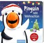 „Pinguin liebt Weihnachten“ steht über einem fröhlichen Pinguin mit roter Mütze, beleuchtetem Baum und Geschenken.