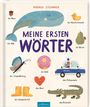 Titel: "MEINE ERSTEN WÖRTER". Illustrationen: Wal, Nuss, Quietscheente, Birne, Schmetterling, Ball, Polizeiauto, Herz, Gummistiefel, Krokodil.