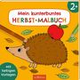 "Mein kunterbuntes HERBST-MALBUCH", Igel mit Apfel, Blätter und Buntstifte vor gelbem Hintergrund, "Mit farbigen Vorlagen".