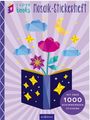 "I LOVE books Mosaik-Stickerheft, mit über 1000 schimmernden Stickern." Illustration: Buch mit Blumen, Sternen, Wolken.