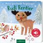 "Meine sprechende Fingerpuppe Rudi Rentier" steht über einem winterlichen Bild mit Rentier und Vögeln, schneebedeckt.