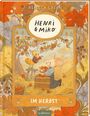 "Henri & Miko: Im Herbst" von Rebecca Green. Eine Maus und ein Vogel sammeln Äpfel im herbstlichen Laub.
