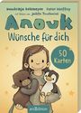 "Anouk Wünsche für dich 50 Karten" oben. Illustration: lachendes Kind mit Plüschtieren, umgeben von Sternen.