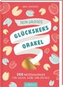 "DEIN GROSSES GLÜCKSKEKS ORAKEL, 200 Weissagungen für Glück, Liebe und Erfolg." Illustration von Glückskeksen auf rotem Hintergrund.