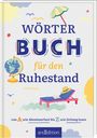 „Wörterbuch für den Ruhestand“, Illustration eines Liegestuhls mit Hut und Buch, Globus, Sonnenschirm und Sonne.