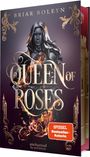 "QUEEN OF ROSES", "SPIEGEL Bestseller-Autorin". Eine glänzende Ritterin mit flammenden Rosen, reich verziertem Rahmen.