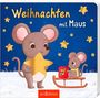 "Weihnachten mit Maus." Zwei Mäuse, eine hält einen gelben Stern, die andere sitzt auf einem Schlitten mit Geschenk, Sterne im Hintergrund.