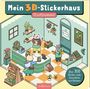 „Mein 3D-Stickerhaus Stadtbummel“, „Über 300 Sticker zum Einrichten von Räumen“. Illustration: Katzen kaufen im Laden ein.