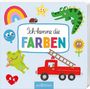 "Ich kenne die FARBEN" in bunten Buchstaben. Illustration mit Regenbogen, Stern, Krokodil, Frosch, Feuerwehrwagen.