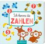 "Ich kenne die Zahlen" in der Mitte, mit "ZAHLEN" in Rot. Illustrationen von Tieren und Zahlen: Vögel, Bienen, Bananen, Affen.