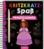 "Kritzkratz-Spaß PRINZESSINNEN". Illustration einer Prinzessin in lila Kleid mit Krone, bunten Zeichen und Spiralbindung.