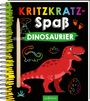 "Kritzkratz-Spaß - Dinosaurier" in bunten Buchstaben. Illustration eines roten Dinosauriers mit einem Holzstift links.