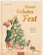 "Unser liebstes Fest" zeigt zwei Bärenfiguren, die einen Weihnachtsbaum schmücken.