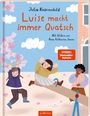 "Luise macht immer Quatsch" von Julia Knörnischild. Illustration: Kinder auf Wippe, Kirschblüten, blauer Hintergrund.