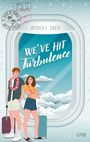 Titel: "WE'VE HIT Turbulence". Name: Jessica L. Cozzi. Junge und Mädchen mit Koffern und Blumenketten, Wolken im Fenster.