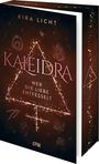 "Kaleidra: Wer die Liebe entfesselt" von Kira Licht. Illustration mit mystischen Symbolen, Dreieck und Glanzpunkten.