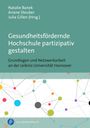 „Gesundheitsfördernde Hochschule partizipativ gestalten“ steht auf grünem Hintergrund. Darunter bunte Netzlinien.