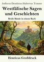 „Westfälische Sagen und Geschichten“, Illustration: Wanderer vor einer mittelalterlichen Burg in grüner Landschaft.