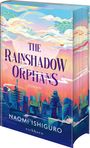 "The Rainshadow Orphans", "Roman", "Naomi Ishiguro", "eichborn". Illustration einer futuristischen Stadt unter farbenfrohem Himmel.