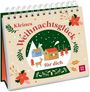 "Kleines Weihnachtsglück für dich" steht auf einem Kalender, verziert mit winterlichen Häuschen und Weihnachtsmotiven.