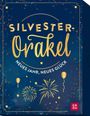 "Silvester-Orakel, Neues Jahr, neues Glück" in goldener Schrift auf blauem Hintergrund mit Feuerwerk und Ballons.