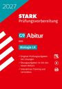 "2027, STARK Prüfungs­­vorbereitung, G9 Abitur NRW, Biologie LK. Checkliste an drei Punkten. Rotes und türkises Design."