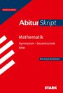 "Abitur Skript" steht in blau-weiß auf rotem Hintergrund, darunter "Mathematik" und Details zur Schule. Dynamisches Design mit Streifen.