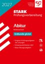 2027, STARK Prüfungsvorbereitung, Abitur Niedersachsen Erdkunde gA/eA. Roter Hintergrund, weißer Text. Spiel-Icons.