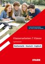 Klassenarbeiten 7. Klasse Gymnasium. Mathematik, Deutsch, Englisch. Vier Jugendliche schauen auf einen Laptop.