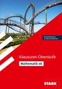 „Klausuren Oberstufe“, „Mathematik eA“, „Musterklausuren zu allen Kernthemen“. Moderne Skulptur im Hintergrund.