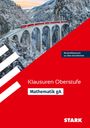Texte „Klausuren Oberstufe“, „Mathematik gA“. Roter Hintergrund. Schneebedeckte Brücke mit rotem Zug in den Bergen.