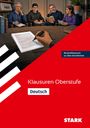 „Klausuren Oberstufe Deutsch“, „Musterklausuren zu allen Kernthemen“. Illustration: Vier Menschen mit Büchern, Hand schreibt.