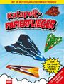 "Katapult-Papierflieger" in roter Comic-Schrift, Papierflieger in verschiedenen Designs, "Zum Falten & Katapultieren".