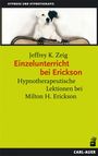 Oben steht "HYPNOSE UND HYPNOTHERAPIE". Titel: "Einzelunterricht bei Erickson". Bild: Hund mit Koffer. "CARL-AUER" unten.