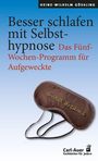 "Besser schlafen mit Selbsthypnose" in großen Lettern auf blauem Hintergrund mit Schlafmaske "Sweet dreams".