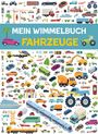 „MEIN WIMMELBUCH FAHRZEUGE“. Illustration mit diversen Fahrzeugen wie Autos, LKWs, Fahrrädern und einem Zug.