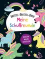 "Kritzel-Kratzel-Buch: Meine Schulfreunde. Kratzen, Malen, Ausfüllen." Bunte Einhörner und Regenbogen auf dunklem Hintergrund.