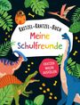 Texte: "Kritzel-Kratzel-Buch", "Meine Schulfreunde", "Kratzen Malen Ausfüllen". Illustration mit Dinosauriern und Pflanzen.