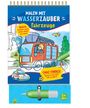 "Malen mit Wasserzauber: Fahrzeuge. Malen, trocknen lassen, immer wieder neu malen. Ganz einfach: Wasser in den Stift." Illustration mit Feuerwehrfahrzeug, Polizist im Auto, Landschaft.