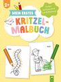 "Mein erstes Kritzel-Malbuch", "Fördert die Feinmotorik und Stifthaltung!"; Illustrationen von einem Wurm und einem Kind im Garten.