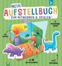 "Mein Aufstellbuch zum Mitnehmen & Spielen. 4 aufklappbare Szenen, mit 3D Pop-up-Elementen, mit 3 Spielfiguren." Bunte Dinosaurier.