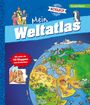 Aufschrift: "Richtig schlau! Mein Weltatlas. Mit mehr als 40 Klappen zum Entdecken. KinderWissen." Illustration einer Weltkarte.