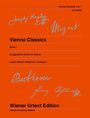 "Vienna Classics Vol. 1", "UT 50455", "Vienna Classics", "Band 1", "Ausgewählte Werke für Klavier", "Haydn, Mozart, Beethoven, Schubert", "Wiener Urtext Edition", "Schott/Universal Edition". Cover in Orange mit Unterschriften von Komponisten.