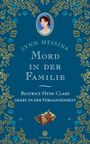 "Mord in der Familie" von Lynn Messina. Illustration: Frau in Medaillon, goldene Blumenranken auf blau.