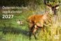 Text: „Österreichischer Jagdkalender 2027“. Ein Hirsch im Vordergrund, zwei Wölfe im hohen Gras dahinter, Bäume im Hintergrund.
