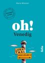 "oh! Venedig" zeigt ein Wasser-Taxi-Schild. Zwei Fische, blauer Hintergrund.