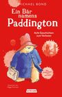 "Ein Bär namens Paddington", acht Geschichten. Illustration eines Bären mit rotem Hut, blauer Mantel, Koffer.